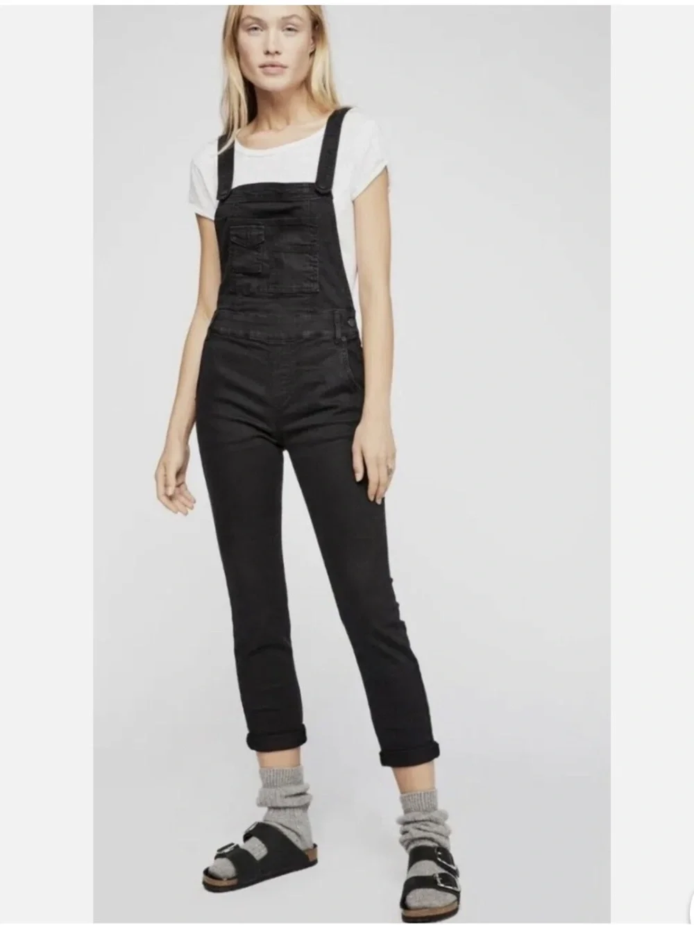 Free People Washed denim black overalls